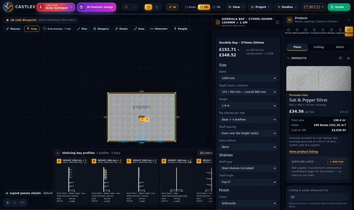castleX Designer interface with the 2D blueprint and live quote